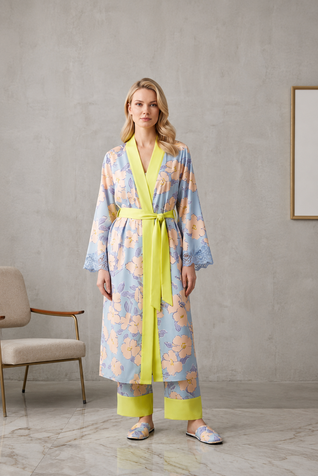Kimono bata de satén para mujer con estampado floral y detalles limones | NUVELLA