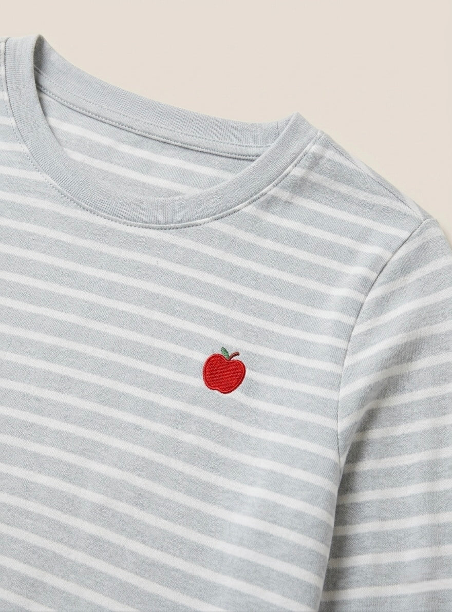 Pijama mujer de algodón a rayas grises y blancas con bordado de manzana | NUVELLA