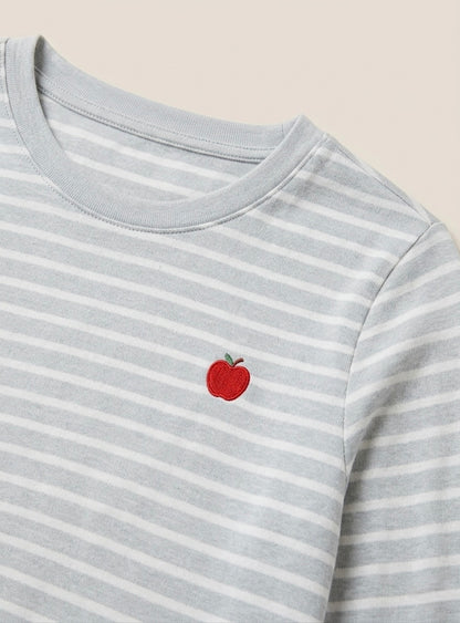 Pijama mujer de algodón a rayas grises y blancas con bordado de manzana | NUVELLA