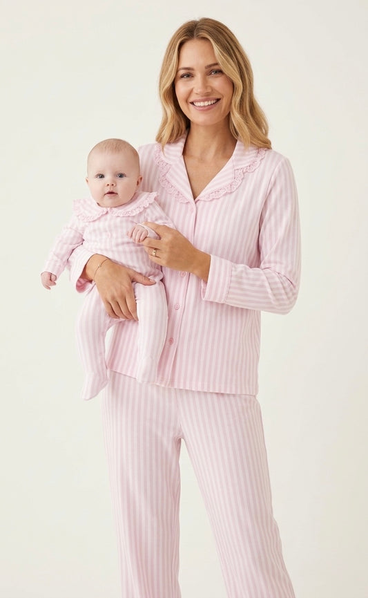 Pijama mujer camisero de algodón a rayas rosas y blancas con detalles de volantes | NUVELLA