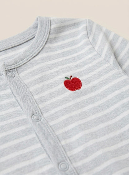 Pijama mujer de algodón a rayas grises y blancas con bordado de manzana | NUVELLA