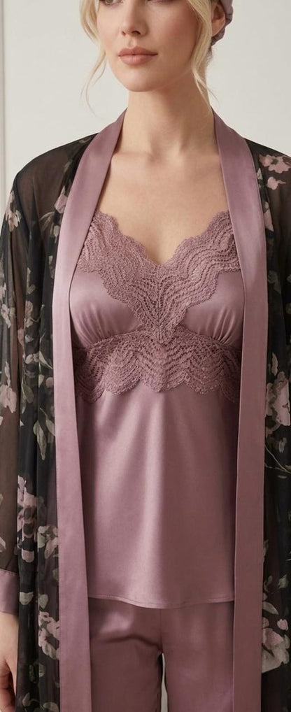 Pijama de mujer elegante de 3 piezas con bata floral | NUVELLA