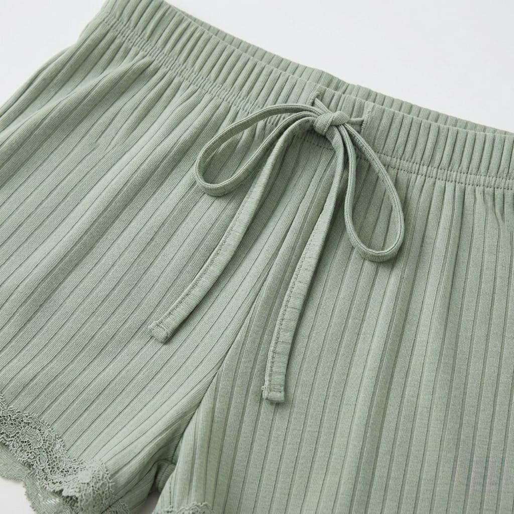 Conjunto de pijama corto de canalé y encaje de 2 piezas para mujer | NUVELLA