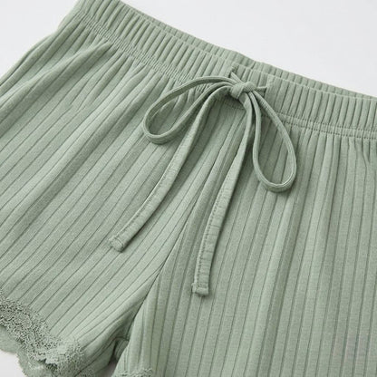 Conjunto de pijama corto de canalé y encaje de 2 piezas para mujer | NUVELLA