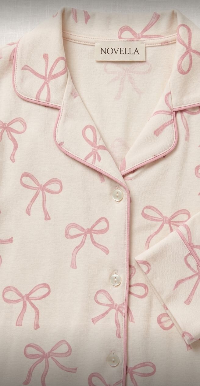 Pijama mujer camisero algodón lazos rosa | NUVELLA