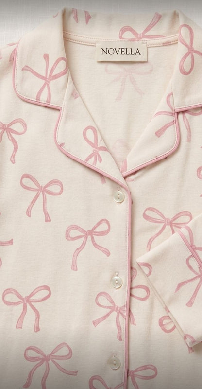 Pijama mujer camisero algodón lazos rosa | NUVELLA