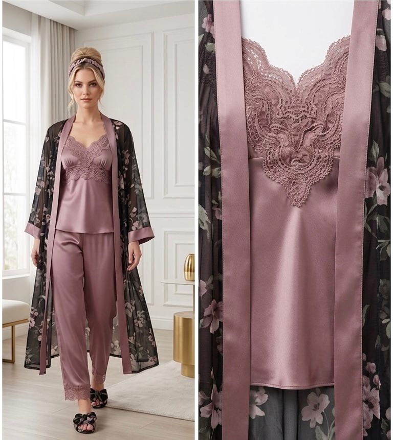 Pijama de mujer elegante de 3 piezas con bata floral | NUVELLA
