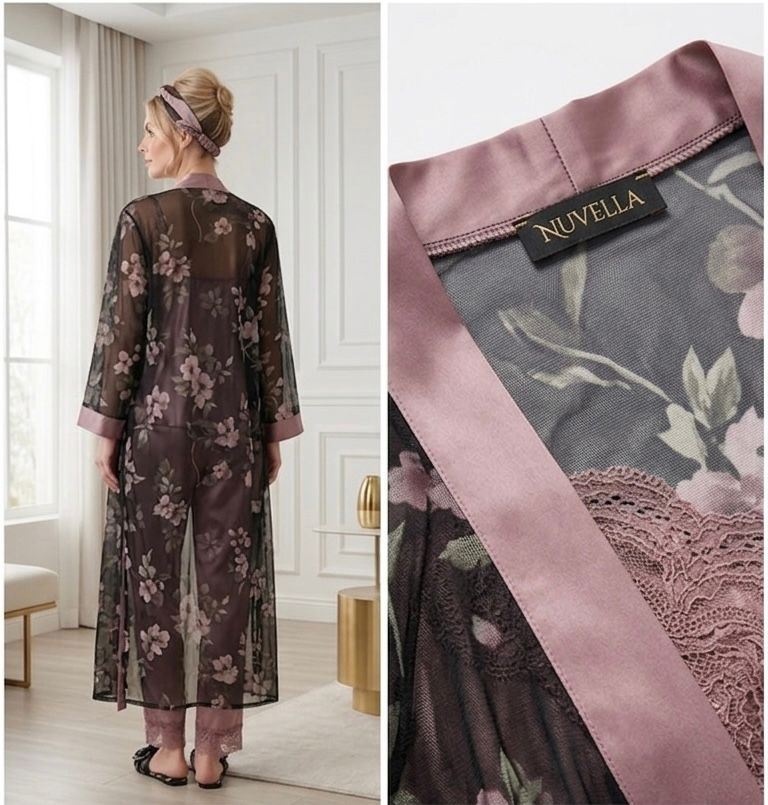 Pijama de mujer elegante de 3 piezas con bata floral | NUVELLA
