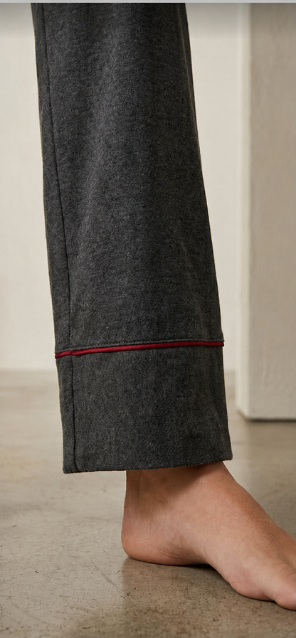 Pijama mujer camisero de algodón gris marengo con bordado de rosa | NUVELLA