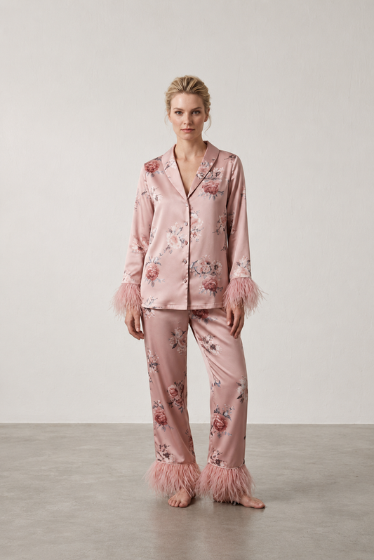 Pijama mujer de satén con estampado floral y detalle de plumas | NUVELLA