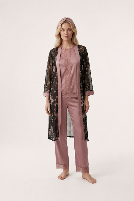 Pijama de mujer elegante de 3 piezas con bata floral | NUVELLA