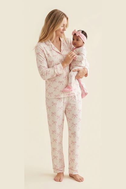 Pijama mujer camisero algodón lazos rosa | NUVELLA
